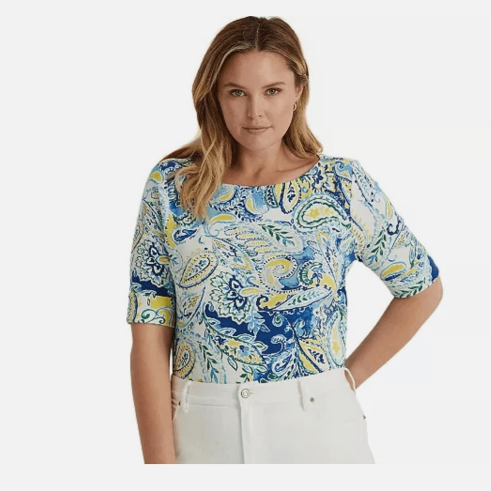 Lauren Ralph Lauren Paisley Stretch Cotton Boatneck Top Large